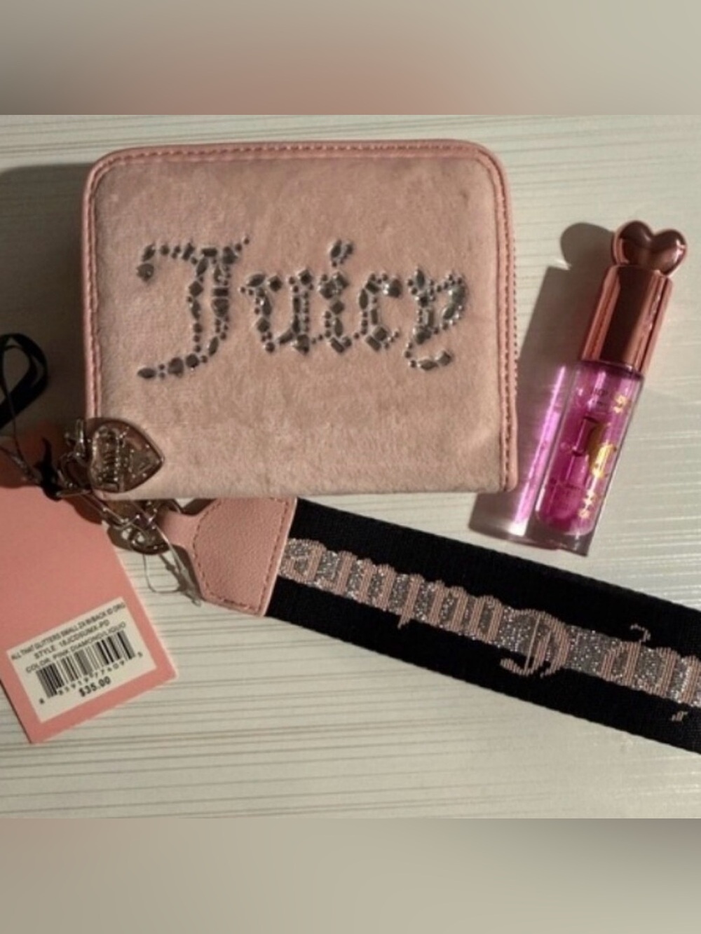 Juicy Couture Pink velour wallet with Strap including Juicy couture lipoil *nwt